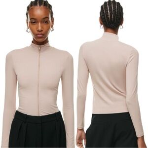 Aritzia Babaton Contour Rise Mock Neck Fitted Zip Up Barley Blush Women's XL